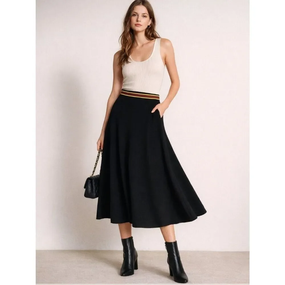 Sandro Paris Black Knit Midi Flare Skirt Striped Waist Size 2